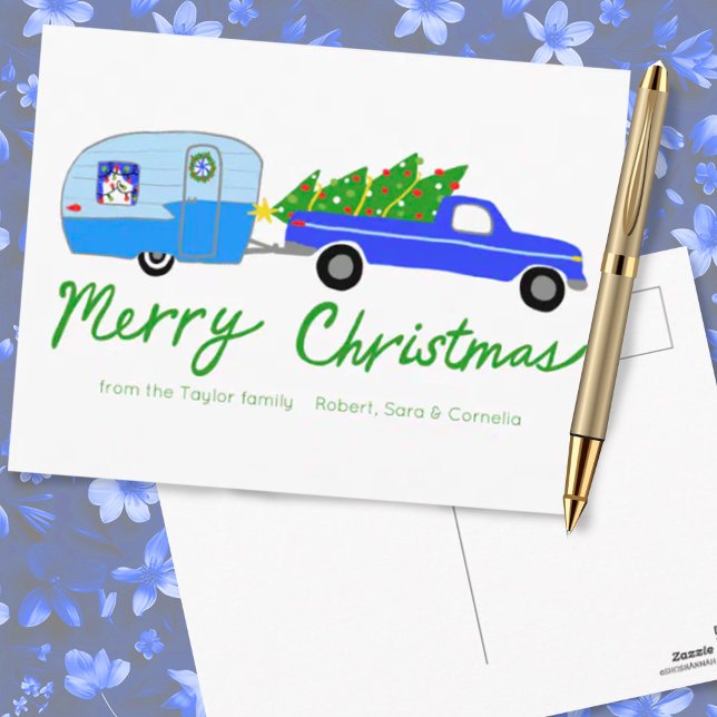 Charming Christmas Camper Vintage Trailer RV Xmas Postcard (Custom merry xmas postcard with cute truck and camper. Add your own text)