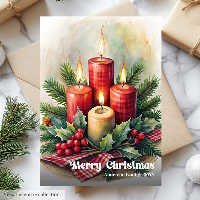 Charming Christmas candles rustic holly greeting Holiday Card (Charming Christmas candles rustic holly greeting Holiday Card )