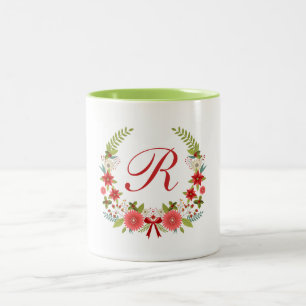Charming Christmas Floral Wreath Monogram Two-Tone Coffee Mug