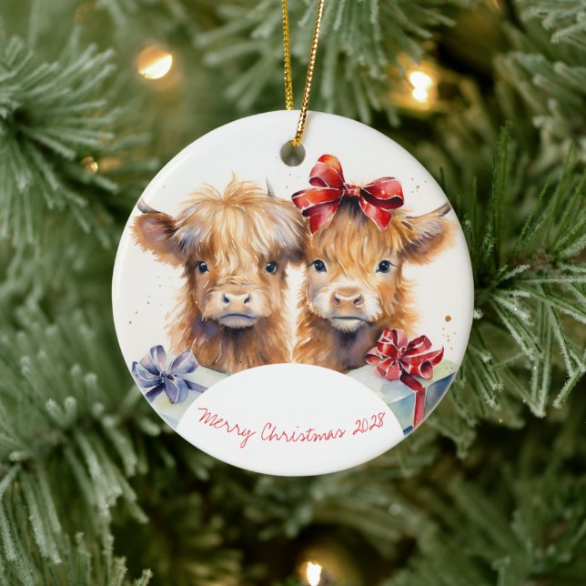 Charming Christmas Highland Cows Ceramic Tree Decoration (Tree)