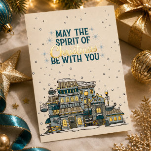 Charming Christmas Spirit Snowy Town Teal and Gold