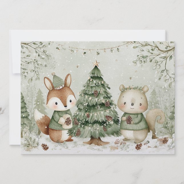 Charming Christmas tree with animals Christmas Holiday Card (Front)