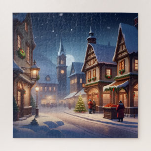 Charming Christmas village winter wonderland night Jigsaw Puzzle