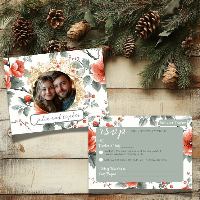 Charming Christmas Wedding with Romantic Photo RSVP Card (RSVP Response Card Christmas Wedding)