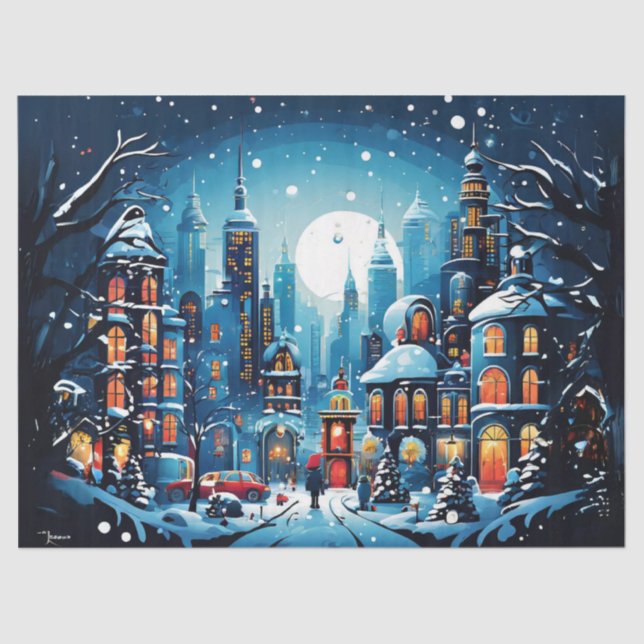 Charming City Christmas Scene Decoupage Craft Pape Tissue Paper (Front)