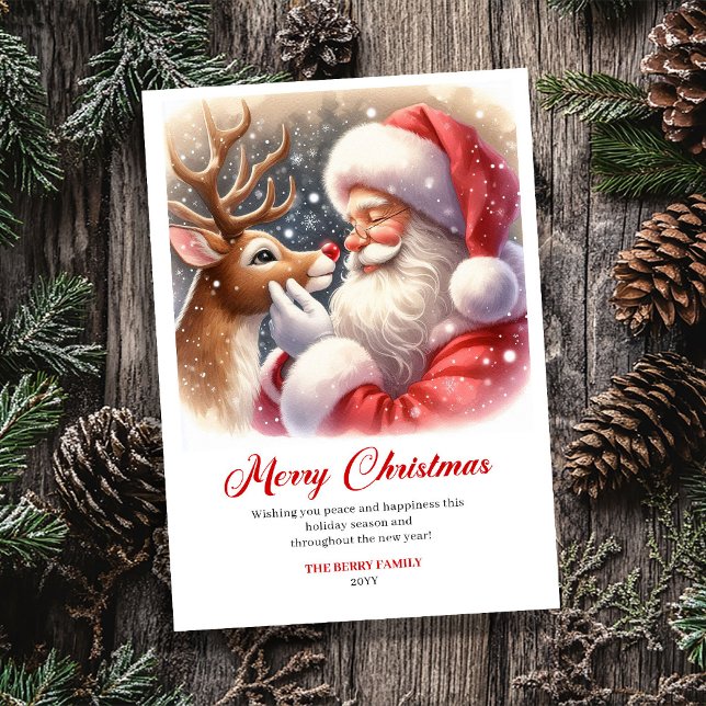 Charming Classic Santa and Rudolph Christmas Card (Festive Classic Santa Rudolph Art Christmas Greeting Card)