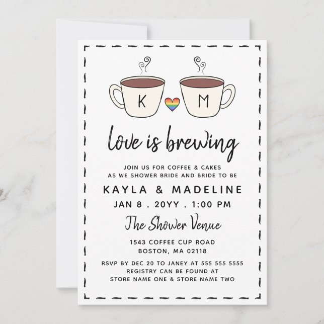 Charming Coffee Cups Love Is Brewing LGBT Invitation (Front)