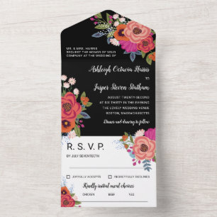 Charming Colourful Boho Flowers Black Wedding All  In One Invitation