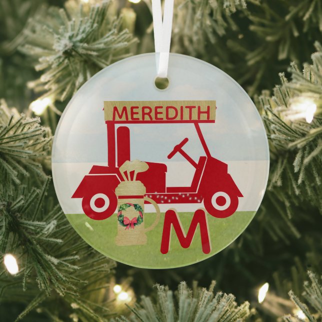 Charming Colourful Cart Red Gold Name Monogram     Glass Tree Decoration (Insitu)