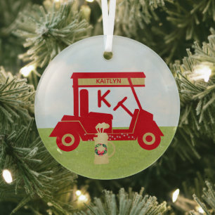 Charming Colourful Cart Red Gold Name Monogram     Glass Tree Decoration