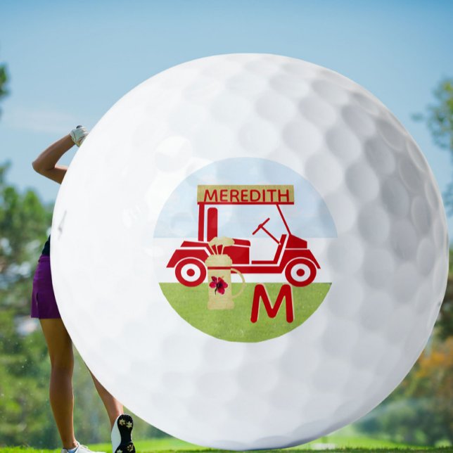 Charming Colourful Cart Red Gold Name Monogram    Golf Balls (Creator Uploaded)