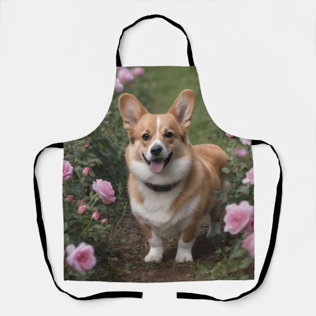 "Charming Companion: A Corgi in a Pink Rose Garden Apron (Front)