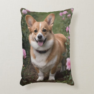 "Charming Companion: A Corgi in a Pink Rose Garden Decorative Cushion