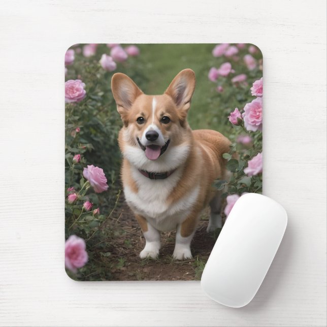 "Charming Companion: A Corgi in a Pink Rose Garden Mouse Pad (With Mouse)