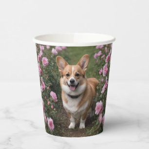 "Charming Companion: A Corgi in a Pink Rose Garden Paper Cups