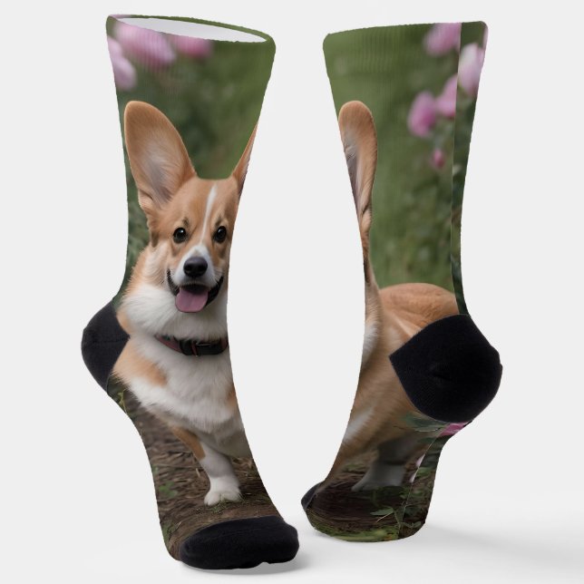 "Charming Companion: A Corgi in a Pink Rose Garden Socks (Angled)