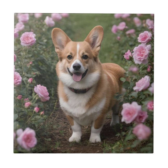 "Charming Companion: A Corgi in a Pink Rose Garden Tile (Front)