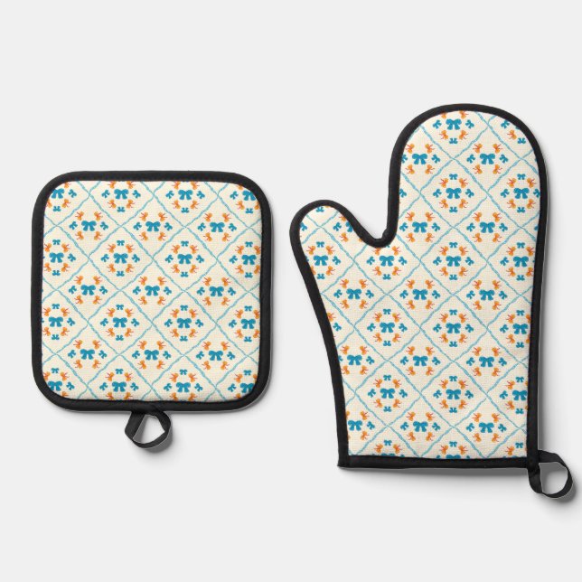 Charming Coquette Bow Geometric Tile Cream Oven Mitt & Pot Holder Set (Front)