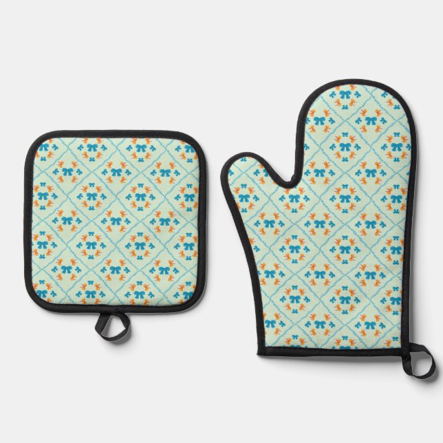 Charming Coquette Bow Geometric Tile Soft Mint Oven Mitt & Pot Holder Set (Front)