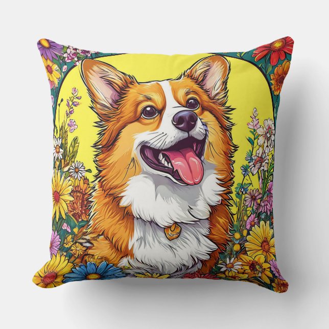 Charming Corgi Surrounded by Colourful Flowers Cushion (Front)