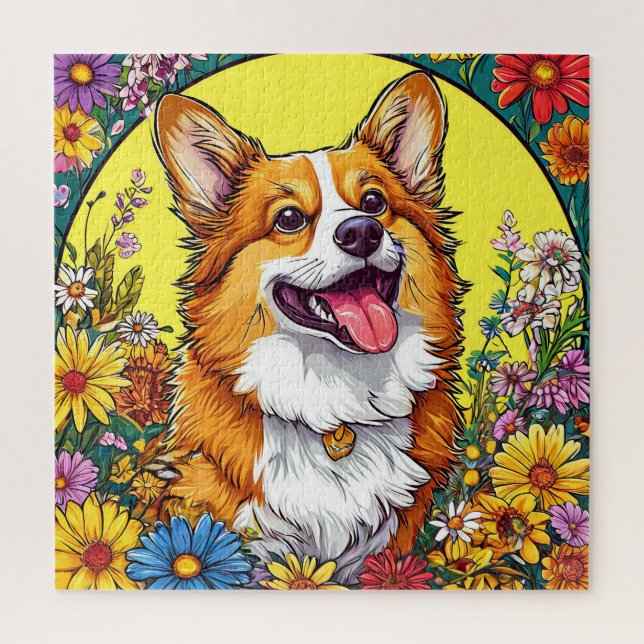 Charming Corgi Surrounded by Colourful Flowers Jigsaw Puzzle (Vertical)