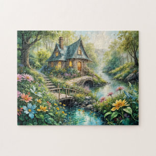 Charming Cottage by Serene Stream Jigsaw Puzzle