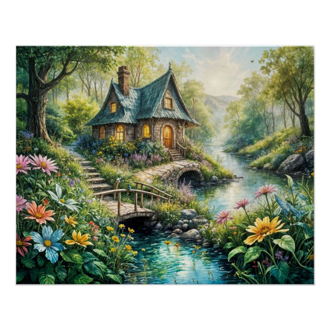 Charming Cottage by Serene Stream Poster (Front)