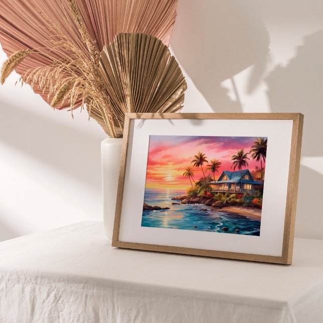 Charming Cottage Seascape Tranquil Sunset Poster (A serene sunset seascape adorned with a charming coastal cottage.)