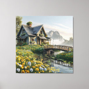 Charming Cottage Surrounded by Colourful Wildflowe Canvas Print