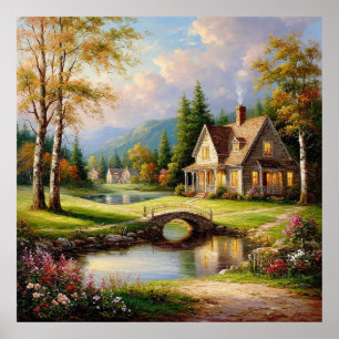 Charming Country Cottage Surrounded by Lush Nature Poster