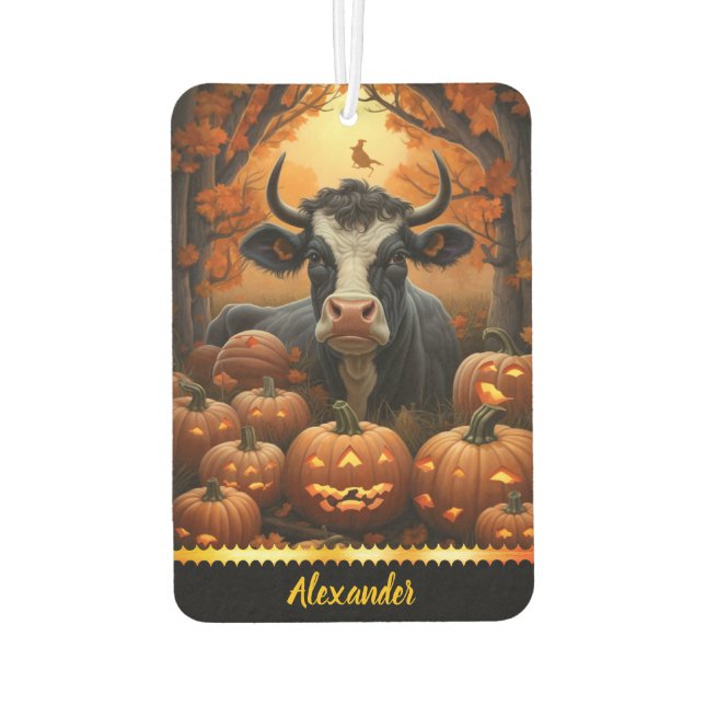 Charming cow among glowing pumpkins in autumn glow car air freshener (Back)