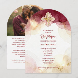 Charming Cross Burgundy & Gold Glitter Baptism Invitation