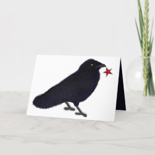 Charming crow glitter red star holiday card