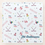 Charming custom winter sports glass coaster<br><div class="desc">Celebrate winter in style with this charming custom coaster featuring original illustrations of skis, ice skates, hockey sticks, snowshoes, and cosy winter hats. Designed in a playful palette of plum, pink, blue, and green. Personalise it with a name to make it uniquely yours. Wonderful as a gift for Christmas or...</div>