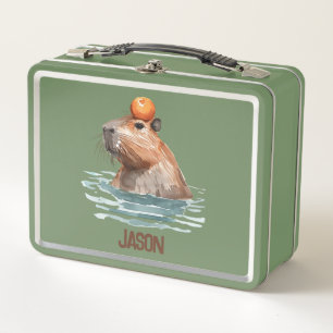 Charming Cute Capybara with Orange and Kids Name Metal Lunch Box
