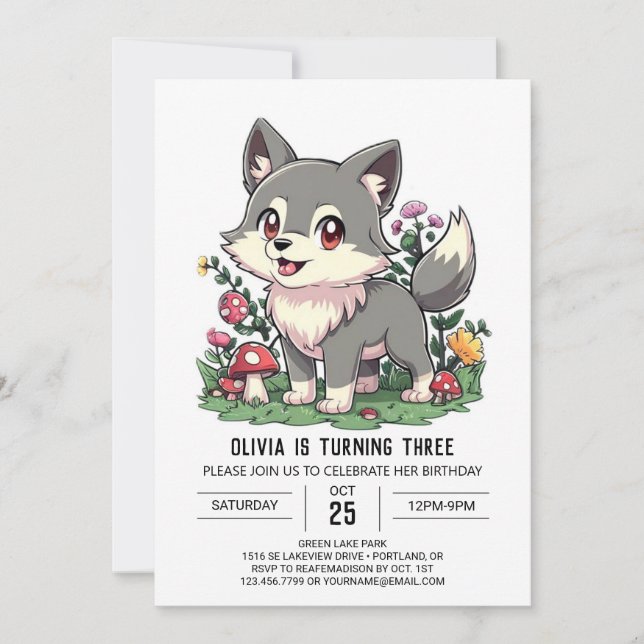 Charming Cute Digital Wolf Birthday Invitation (Front)