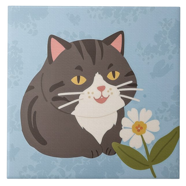 Charming Cute Gray Cat with a Chamomile FLower Tile (Front)