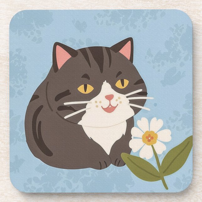 Charming Cute Grey Cat with a Chamomile FLower Coaster (Front)