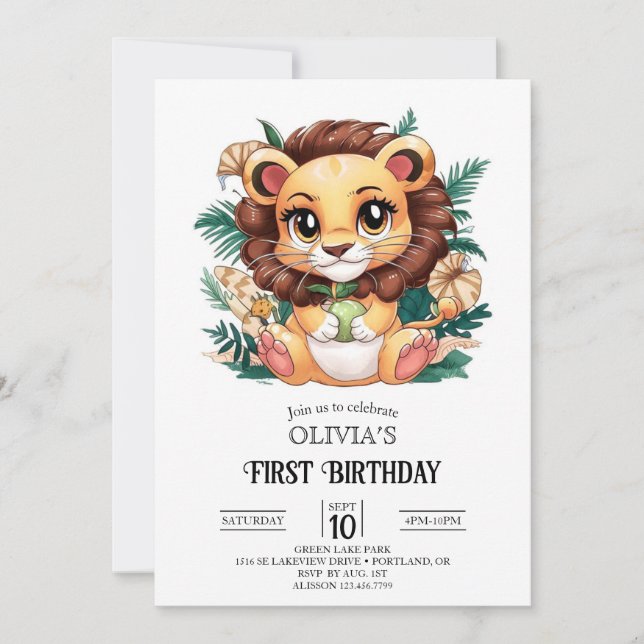 Charming Cute Lion 1st Birthday Digital Invitation (Front)