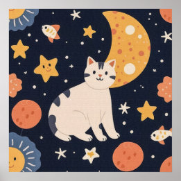 Charming Cute Little Kitten Among Stars and Fish  Poster