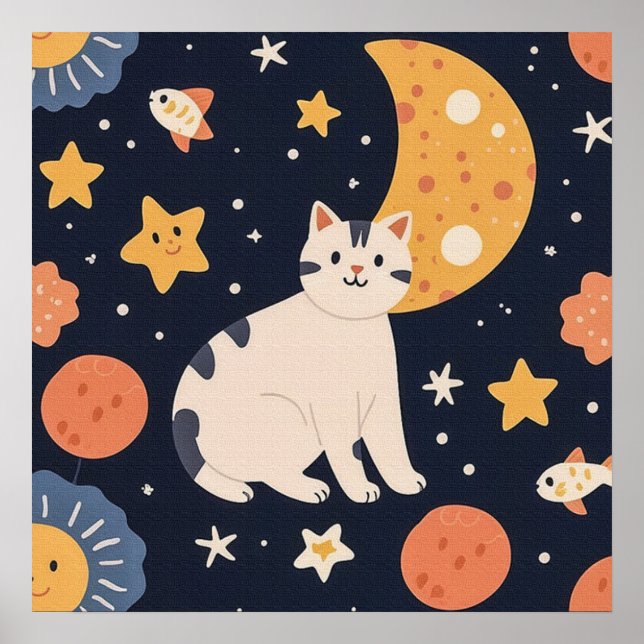 Charming Cute Little Kitten Among Stars and Fish  Poster (Front)