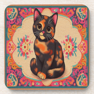 Charming Cute Tortoiseshell Cat Vibrant Border Coaster