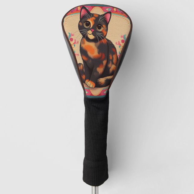Charming Cute Tortoiseshell Cat Vibrant Border Golf Head Cover (Front)