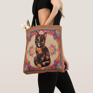 Charming Cute Tortoiseshell Cat Vibrant Border Tote Bag