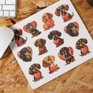 Charming Dachshund and Red Heart Watercolor Mouse Pad
