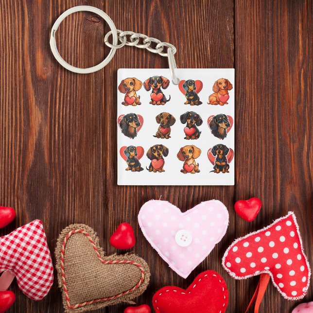 Charming Dachshund with Red Heart Watercolor  Key Ring (Charming Dachshund with Red Heart Watercolor Keychain)