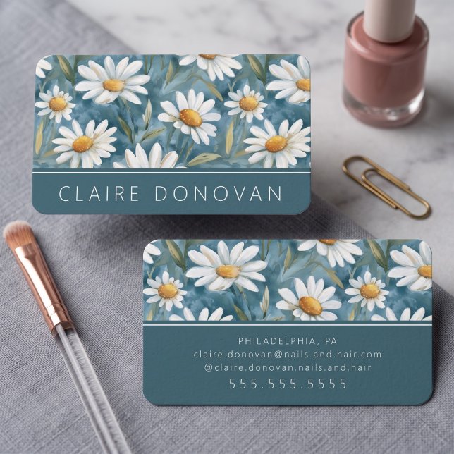 Charming Daisy Floral Business Card (Simulated business cards on table)