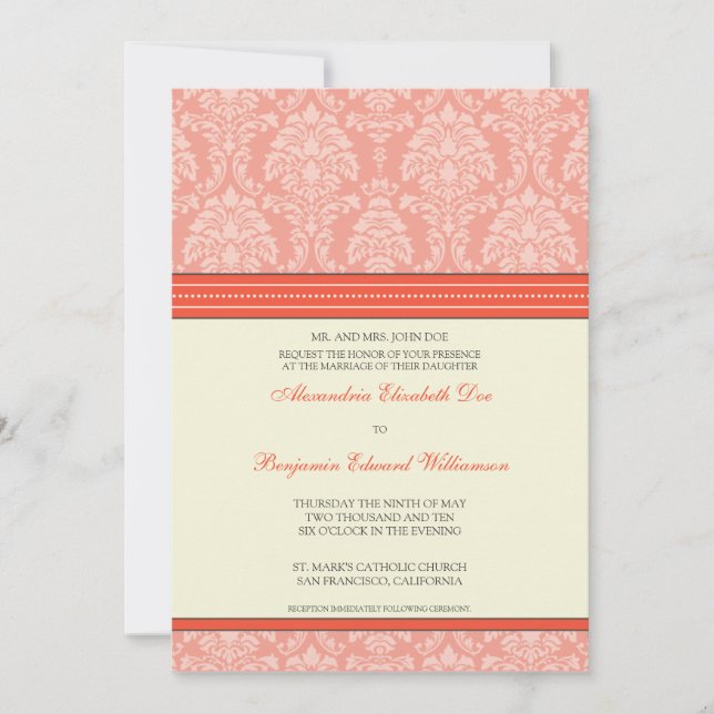 Charming Damask 5x7 Wedding Invitation: coral Invitation (Front)