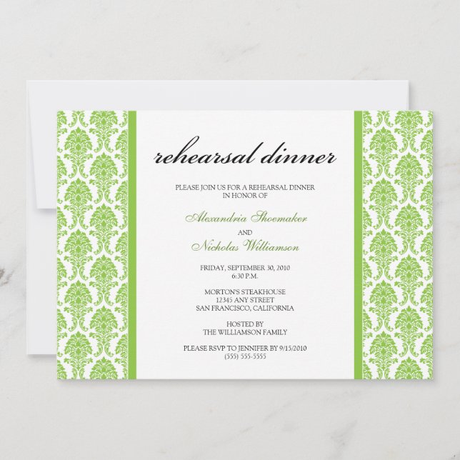 Charming Damask Rehearsal Dinner Invitation (lime) (Front)