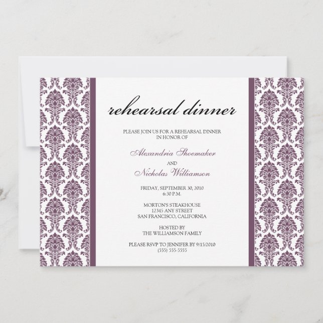 Charming Damask Rehearsal Dinner Invite (lavender) (Front)